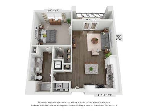 Floor plan for 1 bed, 1 bath, 856 sqft